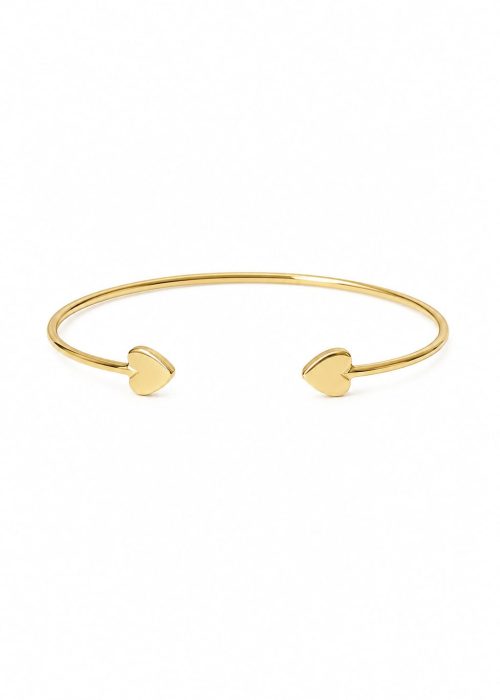 Brățară cuff din aur de 14K, design cu două inimi, fotografiată frontal