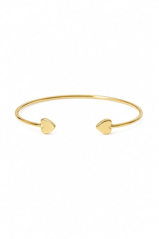 Brățară cuff din aur de 14K, design cu două inimi, fotografiată frontal