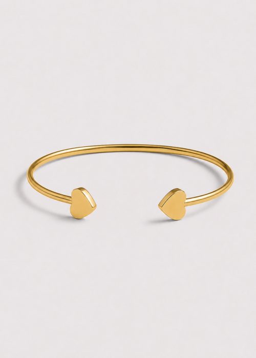 Brățară cuff din aur de 14K, design cu două inimi, fotografiată frontal