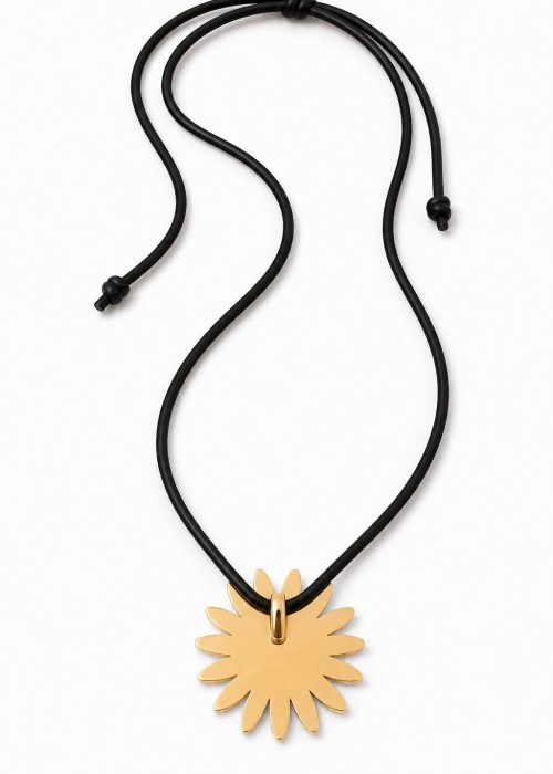 Choker Margareta din aur solid 14K cu șnur din piele naturală neagră - vedere din spate