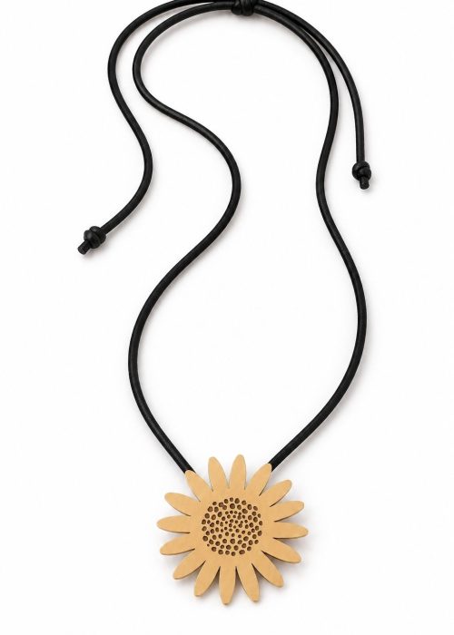 Choker Margareta din aur solid 14K cu șnur din piele naturală neagră - vedere frontală