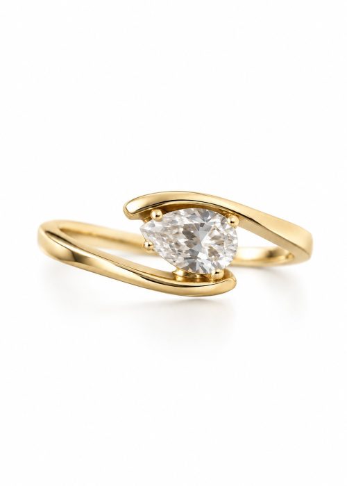 Inel din aur 14K cu piatră tăietură pară și design asimetric